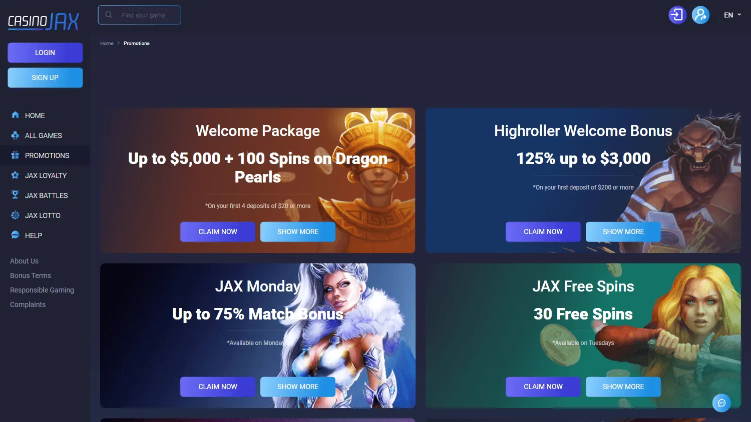 CasinoJax desktop promotions area with recurring offers and rewards
