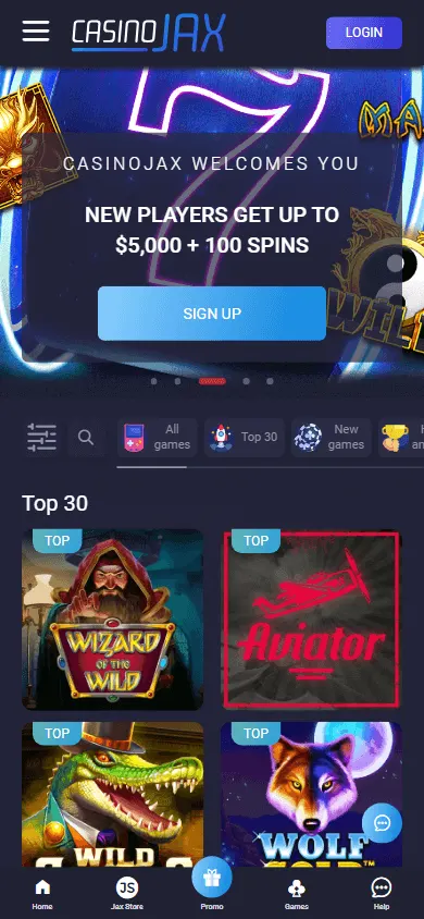CasinoJax mobile browser home with casino access and account features