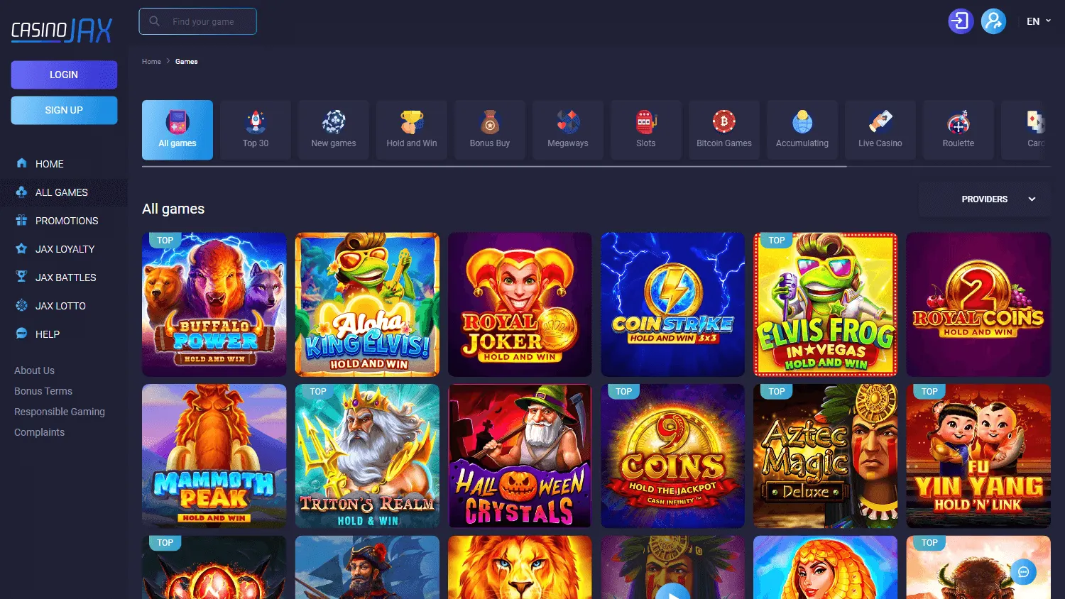 CasinoJax desktop games area with pokies and casino game categories