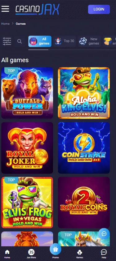 CasinoJax mobile browser games area with pokies and casino categories