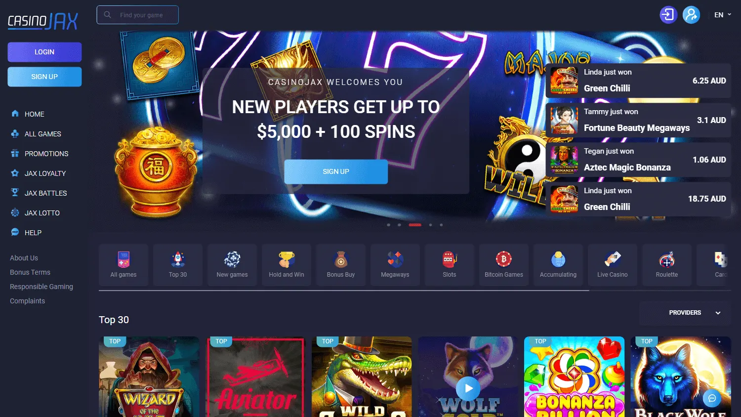 CasinoJax desktop casino home with account access, promotions and game browsing