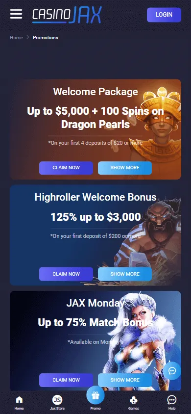 CasinoJax mobile browser promotions area with deposit offers and free spins